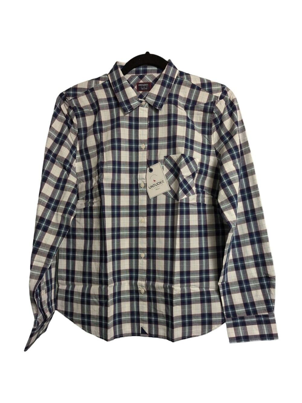 NWT UNTUCKit Sorbo Blue Plaid Long Sleeve Button Up Cotton Shirt Womens Size 10